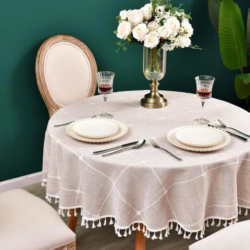 Vista 4 de Mantel redondo a cuadros de 36 pulgadas de algodón y lino, mantel redondo grueso, cubierta para mesa de café para casa de campo, cocina, comedor