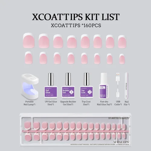 Vista 6 de BTArtboxnails XCOATTIPS - Uñas postizas a presión con punta francesa blanca, XS Squoval, rosa Lamp-Curable, 4-Week Wear, Salon Quality Value at