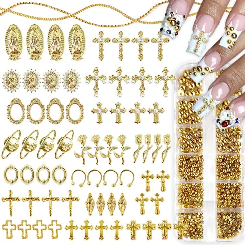 Dijes de cruz 3D para uñas, cuentas doradas de perlas de uñas con parte trasera plana para manualidades, bonitos dijes de uñas Y2K con diamantes de