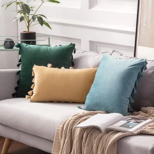 Vista 8 de MIULEE - Paquete de 2 fundas de cojín decorativas lisas, de terciopelo suave con borlas y flecos, decoración bohemia para sillón, cama, sofá
