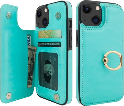 Vista 16 de ONETOP - Funda tipo cartera para iPhone 13 con soporte para tarjetas, anillo de rotación de 360°, bloqueo RFID, piel sintética, doble cierre Rojo