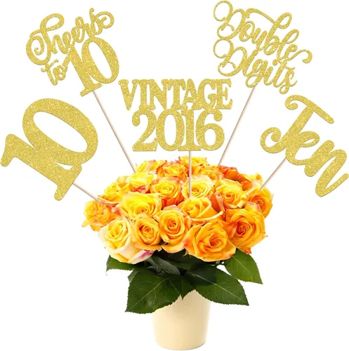 Vista 62 de 15 piezas de centro de mesa de feliz cumpleaños número 10 palos de diez dígitos dobles vintage 2015 centros de mesa de flores palos saludos a 10