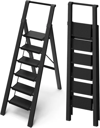 Vista 10 de Escalera de 5 escalones, taburete plegable ligero con cómodo agarre, escalera de aluminio de capacidad de 330 libras para oficina, hogar, cocina
