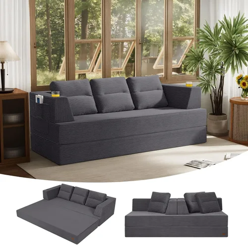 Vista 28 de COMAX Sofá cama futón de 3 plazas, sofá cama convertible de 106 pulgadas para sala de estar, sofá cama plegable 4 en 1 sin hueso, sofá de pana