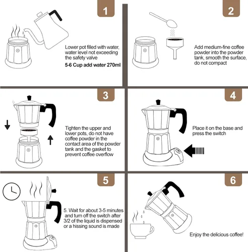 Vista 9 de Cafetera de café de aluminio eléctrica Moka Pot de 5-6 tazas 270ml, cafetera de espresso portátil para estufa, cafetera italiana clásica de Greca