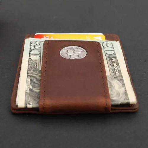 Vista 3 de US 1943 Mercury Dime 90% Silver 10 Cent Coin Magnetic Money Clip and Wallet Combo New - Crazy Horse Water Buffalo Leather