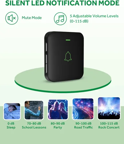 Vista 7 de AVANTEK Timbre de puerta inalámbrico, mini CB-11 timbre impermeable que funciona a 1000 pies con 52 melodías, 5 niveles de volumen y flash LED