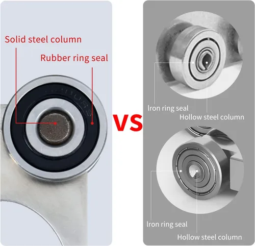 Vista 6 de Rodillos de montaje de carro de 2 ruedas. Montaje de carro de rodamientos. La parte superior del carro tiene espacio para tornillos de ajuste, lo