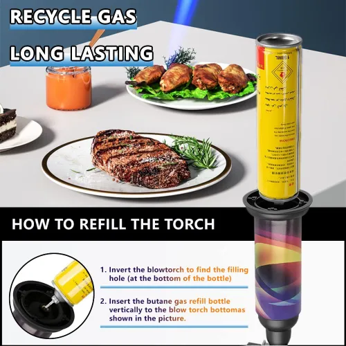 Vista 3 de Antorcha de butano con dispositivo antiquemaduras, cubierta protectora de acero inoxidable, encendedor de antorcha de cocina recargable, protector