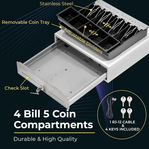 Vista 3 de Volcora Cajón de caja registradora de 13 pulgadas para sistema de punto de venta (POS) - Blanco con parte delantera de acero inoxidable - Bandeja