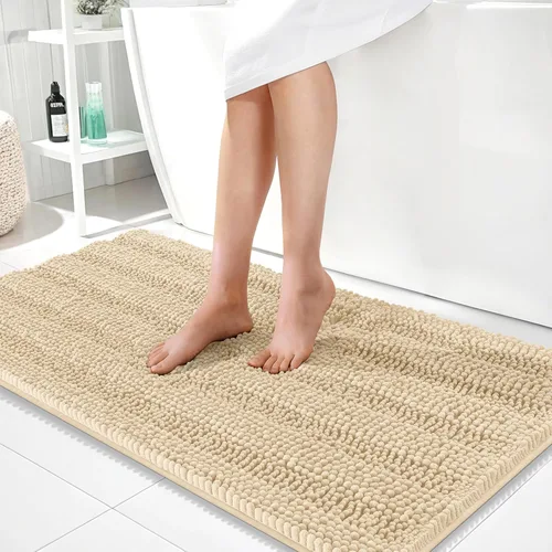 Vista 311 de OLANLY Alfombras de Baño Gruesas de 47 x 20 pulgadas, Extra Suaves Absorbentes de Chenilla a Rayas, Respaldo de Goma, Lavables y Secables a Máquina