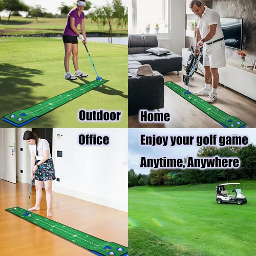 Vista 5 de Juego de putting de golf, juego de putting verde para interiores, tapete de golf desmontable, incluye 1 putter, 6 pelotas de golf, 3 tazas de golf