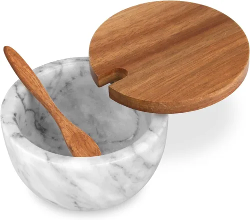 Vista 12 de Caja de sal de mármol con tapa y cuchara de madera, recipiente moderno de piedra negra para sal o pimienta, azúcar, especias y condimentos, frasco