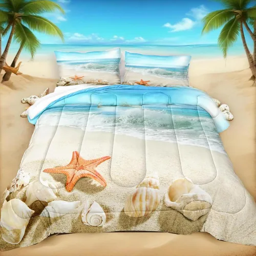 Vista 22 de Bedbay Juego de edredón con temática de playa, juego de edredón costero tamaño Queen, vida marina, turquesa, estrellas de mar, juego de edredón