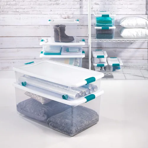 Vista 3 de Sterilite Solución de sistema de almacenamiento con caja de almacenamiento apilable transparente de 32 cuartos de galón con tapa de cierre blanca