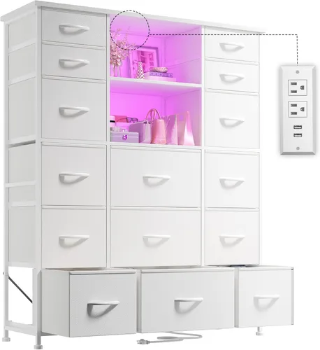 Vista 11 de EnHomee Cómoda de 51 pulgadas de alto con 15 cajones para dormitorio con estación de carga, luces LED y gabinete, cómoda negra resistente, marco