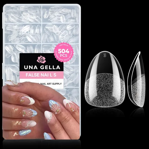 Vista 12 de UNA GELLA Uñas postizas cortas ovaladas de almendra, 504 unidades, uñas postizas a presión, preformadas, puntas de uñas de gel redondas de almendra