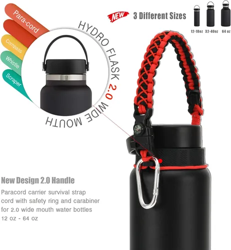 Vista 21 de Asa de cuerda de paracaídas para botellas Hydroflask 2.0 de boca ancha y estándar, con nuevo soporte de anillo de seguridad, 12oz - 64oz