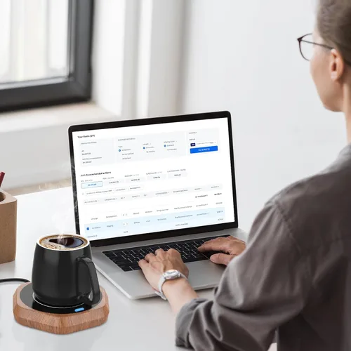 Vista 6 de Calentador de tazas de café para escritorio - Calentador de bebidas de madera con apagado automático para leche, té, agua, cacao - Placa inteligente