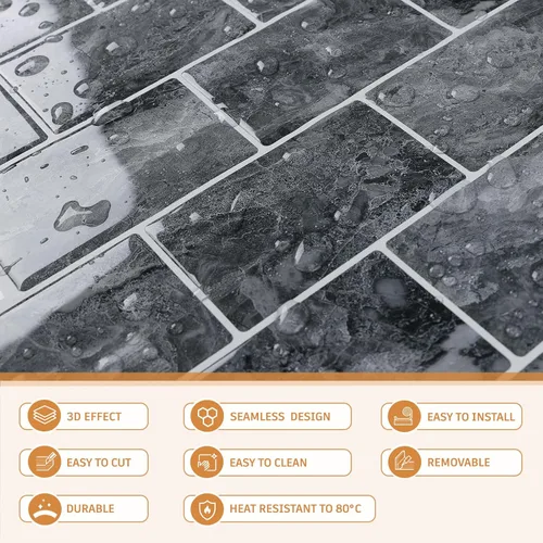 Vista 9 de CRE8TIVE 4 hojas para despegar y pegar contra salpicaduras para cocina, azulejos de metro de mármol gris, 12 x 12 pulgadas, calcomanías