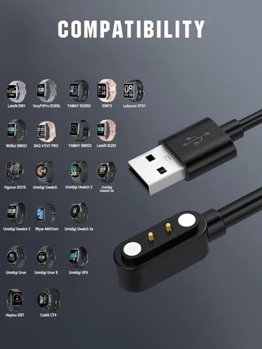 Vista 2 de TiMOVO Cargador de reloj inteligente de 3.3 pies compatible con YAMAY Letsfit VeryFitPro, cable de carga magnético USB para reloj inteligente Negro