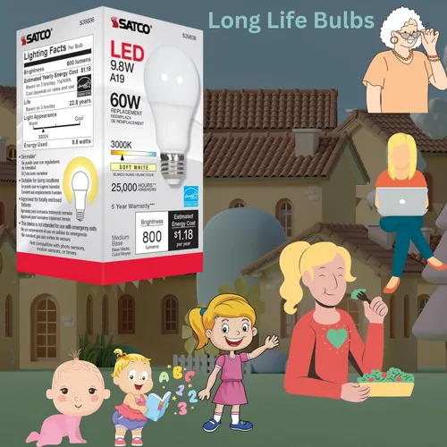 Vista 5 de Satco S39836; Lámparas LED; 9.8 vatios; LED A19; Omnidireccional; 3000K; Base media; Ángulo de haz de 220 grados; 120 voltios (6 bombillas LED)