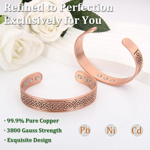 Vista 2 de Copper Bracelet for Men and Women, 99.99% Pure Copper Cuff Bangle, 3500 Gauss Magnetic, Adjustable Jewelry Gifts