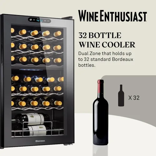 Vista 2 de Wine Enthusiast Enfriador de vino con compresor MAX de doble zona de 32 botellas, mini refrigerador independiente con pantalla táctil digital