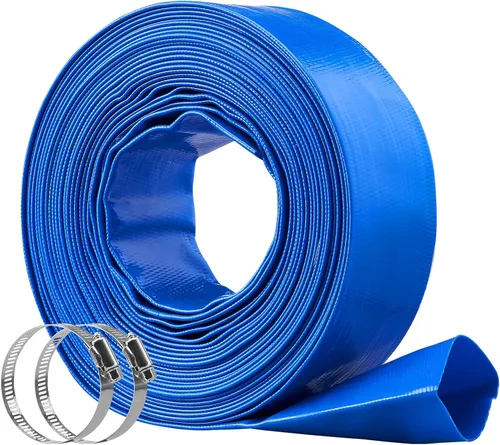 Vista 11 de VEVOR Manguera de descarga, 1-1/2 pulgadas x 100 pies, manguera plana de tela de PVC, manguera de drenaje resistente con abrazaderas, resistente a