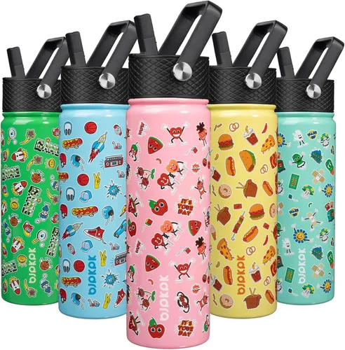 Vista 20 de BJPKPK Botella de Agua Aislada con Tapa de Pajita, 15 oz Botellas de Agua de Acero Inoxidable, Reutilizable a Prueba de Fugas sin BPA Termo, Frasco