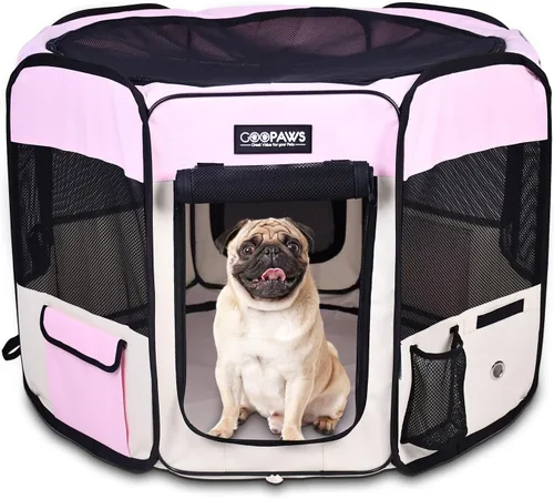 Vista 21 de JESPET 61" Parque de juegos para perros, corral portátil para perros con funda blanda para ejercicio, con bolsa de transporte para cachorros, gatos