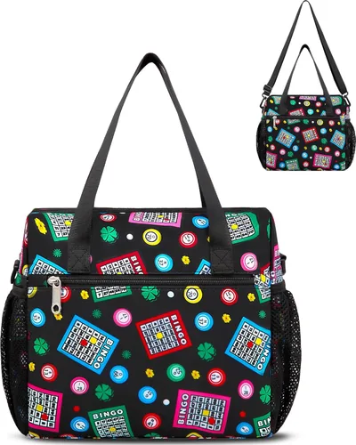 Vista 12 de Bolsa de bingo para Daubers Dabbers Dobbers Dotters resistente al agua, bolsa de accesorios de bingo con bolsillos para adultos mayores (negro)