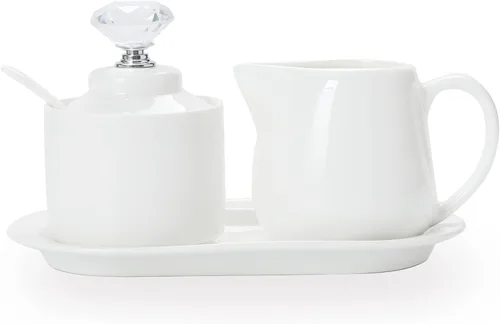 Vista 9 de Juego de azucarero y cremera de porcelana ONTUBE con bandeja y tapa de cristal de 4 piezas (Oro)