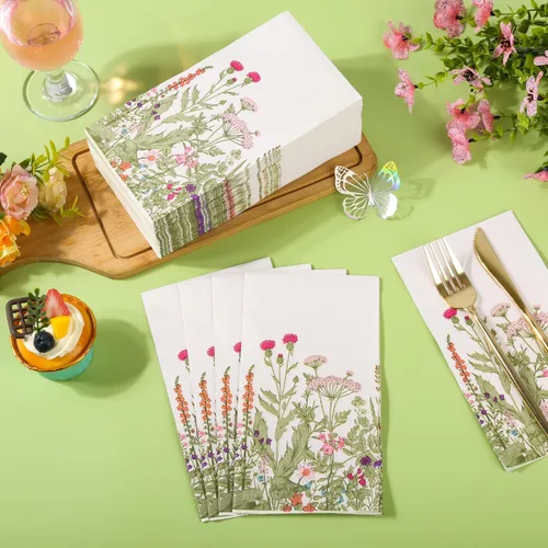 Vista 4 de 100 servilletas de papel de flores silvestres, desechables, floral, 3 capas, servilletas vintage botánicas con hojas verdes, hierbas, toalla de mano