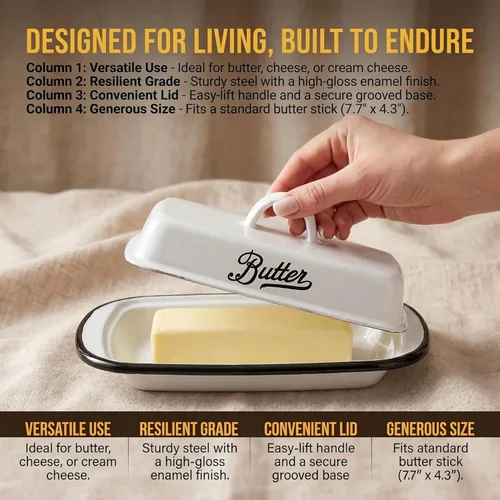 Vista 5 de Suwimut Mantequillera esmaltada con tapa, bandeja de mantequilla blanca esmaltada vintage, soporte para mantequillas de borde negro, recipiente