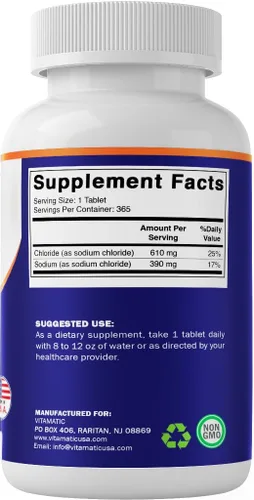 Vista 7 de Vitamatic Cloruro de sodio 1000 mg - 365 tabletas de reabastecimiento de electrolitos y soporte de hidratación - Sin OMG, sin gluten, 3 botellas