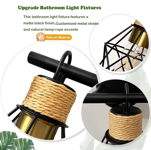 Vista 5 de Lámparas de tocador de baño de granja, lámparas de baño de 3 luces, apliques de iluminación de pared sobre espejo, luces de tocador negras con Metal