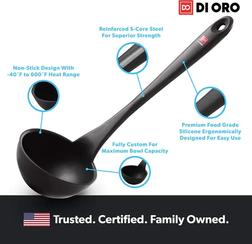 Vista 7 de DI ORO - Cucharón de silicona – Cucharón de sopa para cocinar y servir resistente al calor – Cucharón de sopa de cocina antiadherente grande seguro