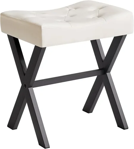 Vista 10 de IBUYKE Taburete de tocador de PU en forma de U, silla cuadrada de maquillaje con patas en X, taburete reposapiés otomano, multiusos como mesa Negro