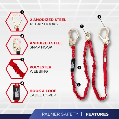 Vista 3 de Palmer Safety Kit de arnés con cordón de doble pierna desmontable de 6 pies I absorción de golpes OSHA/ANSI Construcción y uso de andamios