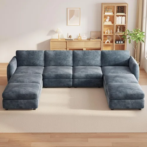 Vista 150 de Guyii Sofá modular de terciopelo, moderno sofá de 4 plazas de gran tamaño con 3 almohadas y reposapiés de almacenamiento, sofá convertible de 115.74