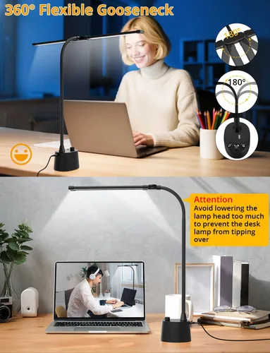 Vista 5 de Lámpara de escritorio Woputne, de doble cabeza, con puerto de carga USB inteligente A+C, 5 modos de color regulables, 2600 lúmenes, 12W