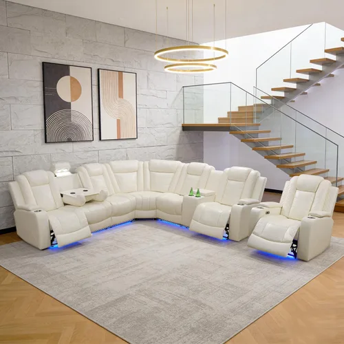 Vista 40 de Juego de sofá modular reclinable eléctrico para sala de estar, juego de sofá reclinable de cuero con luces LED / almacenamiento oculto, sofá