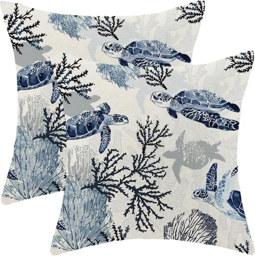 Vista 8 de CXMEIFLY Fundas de almohada decorativas azul marino de verano para exteriores, fundas de almohada costeras de 16 x 16 pulgadas, juego de 2