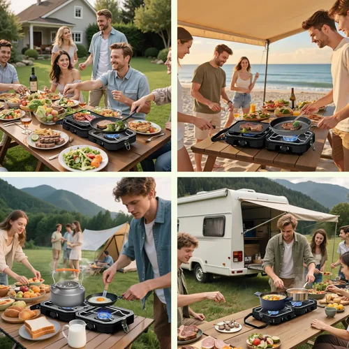 Vista 5 de Estufa de Camping Portátil de Propano con Juego de 3 Ollas, Estufa de Gas Plegable de 2 Quemadores con Calor Ajustable Independientemente, Estufa