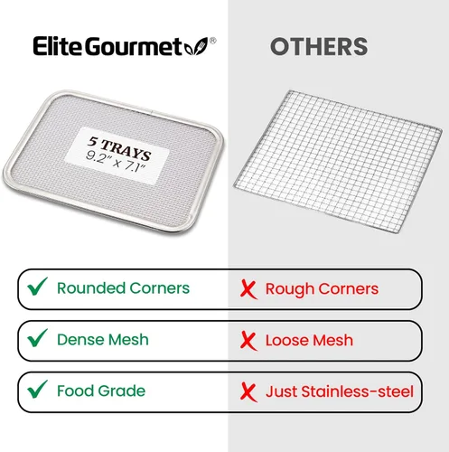 Vista 7 de Elite Gourmet EFD809D Deshidratador de Alimentos con 5 Bandejas de Acero Inoxidable, Temperatura y Tiempo Ajustables + Mantener Caliente, Incluye