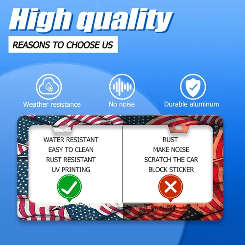 Vista 4 de Marco de matrícula retro con bandera de Estados Unidos, soporte para placa de matrícula con bandera americana de acero inoxidable, divertidos