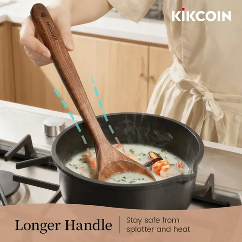 Vista 4 de Kikcoin Juego de 7 utensilios de cocina de madera de teca natural duraderos, cucharas de madera no tóxicas para cocinar, juego de utensilios