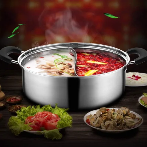 Vista 5 de olla de acero inoxidable de grado alimenticio 304 Shabu Shabu con divisor y tapa para estufa de inducción, estufa a gas, olla de sopa de doble cara