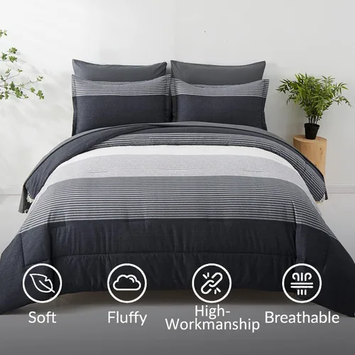 Vista 3 de Anibedding - Juego de 7 piezas cama en una bolsa, edredón negro y gris tamaño full, juego de edredón de microfibra a rayas ligeras para dormitorio